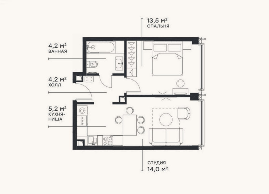 Планировка: 2-к, 41,9 м²