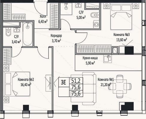 Планировка: 3-к, 75,6 м²