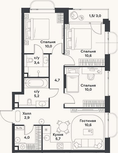 Планировка: 4+ к, 67,1 м²