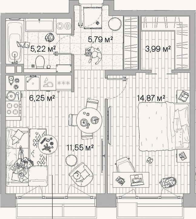 Планировка: 2-к, 47,7 м²