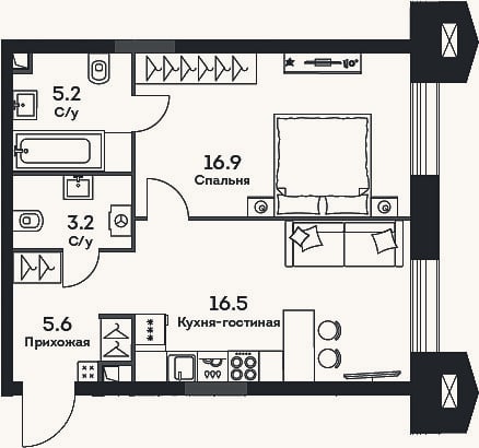 Планировка: 2-к, 47,4 м²