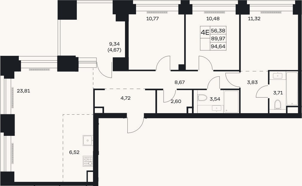 Планировка: 4+ к, 90 м²