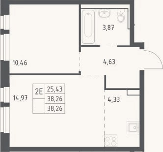 Планировка: 2-к, 38,3 м²