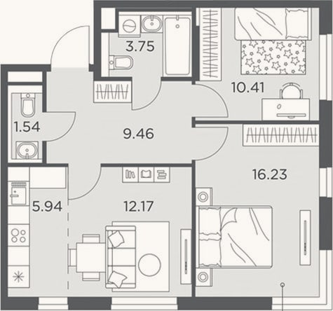 Планировка: 3-к, 59,5 м²