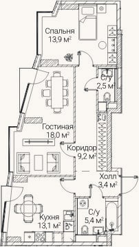 Планировка: 2-к, 64,9 м²