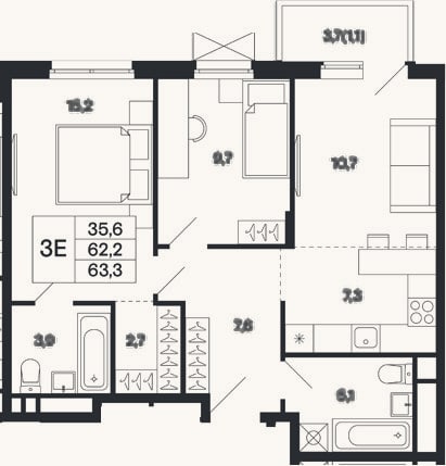 Планировка: 3-к, 62,2 м²