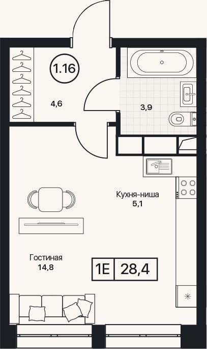 Планировка: Студия, 28,4 м²