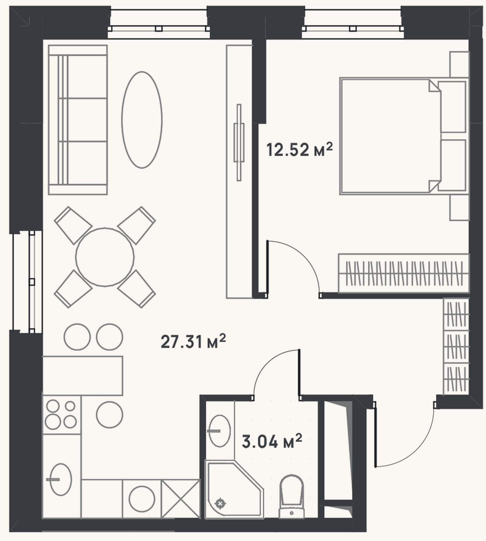 Планировка: 2-к, 42,9 м²