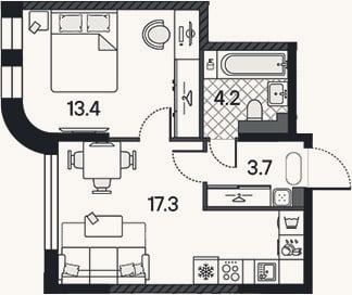 Планировка: 2-к, 38,6 м²