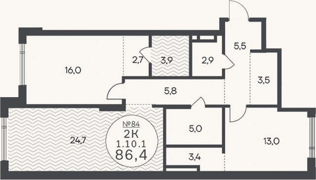 Планировка: 3-к, 86,4 м²