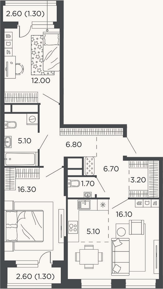 Планировка: 3-к, 73 м²