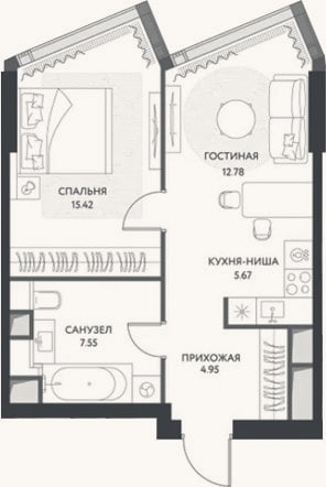 Планировка: 2-к, 46,4 м²