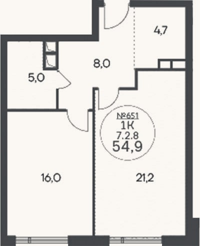 Планировка: 1-к, 54,9 м²