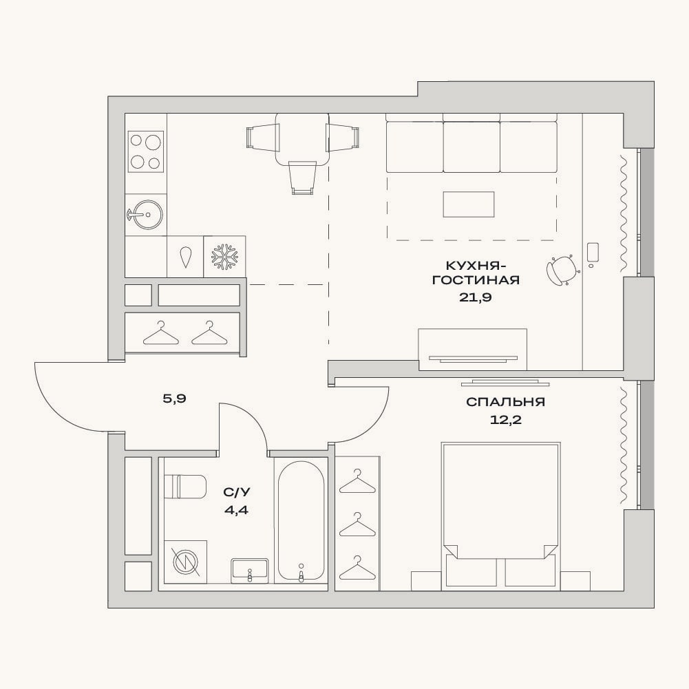 Планировка: 2-к, 44,4 м²