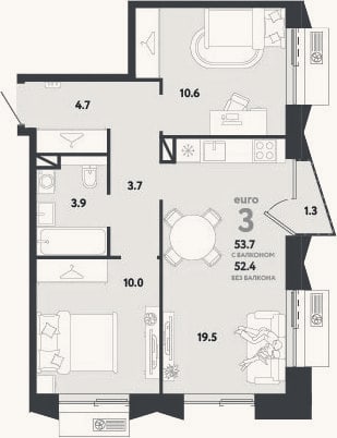 Планировка: 3-к, 52,4 м²