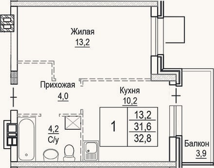 Планировка: 1-к, 31,6 м²