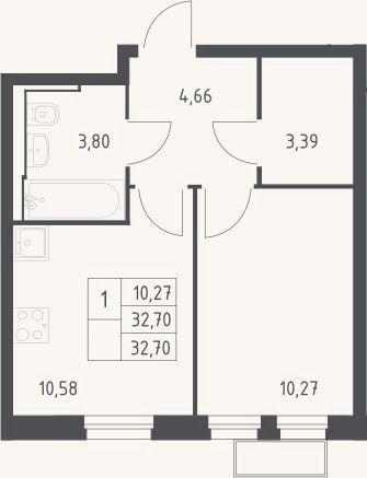 Планировка: 1-к, 32,7 м²