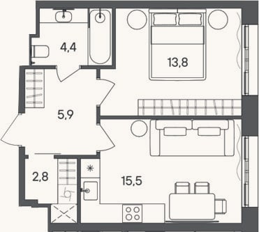 Планировка: 1-к, 42,4 м²