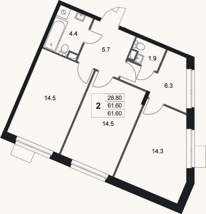 Планировка: 2-к, 61,6 м²