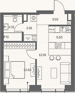 Планировка: 2-к, 42,3 м²