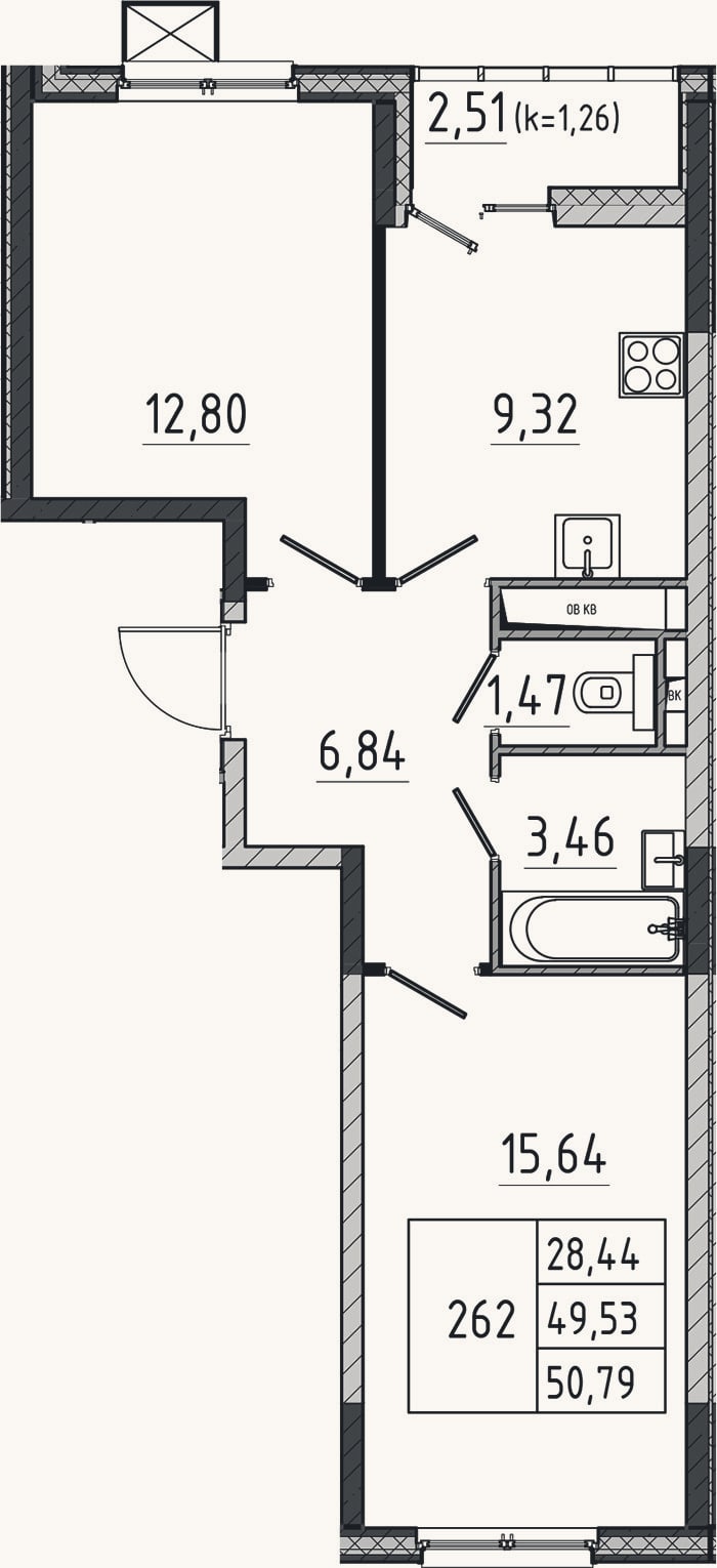 Планировка: 2-к, 49,5 м²