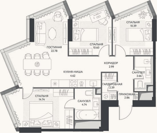 Планировка: 4+ к, 79,8 м²