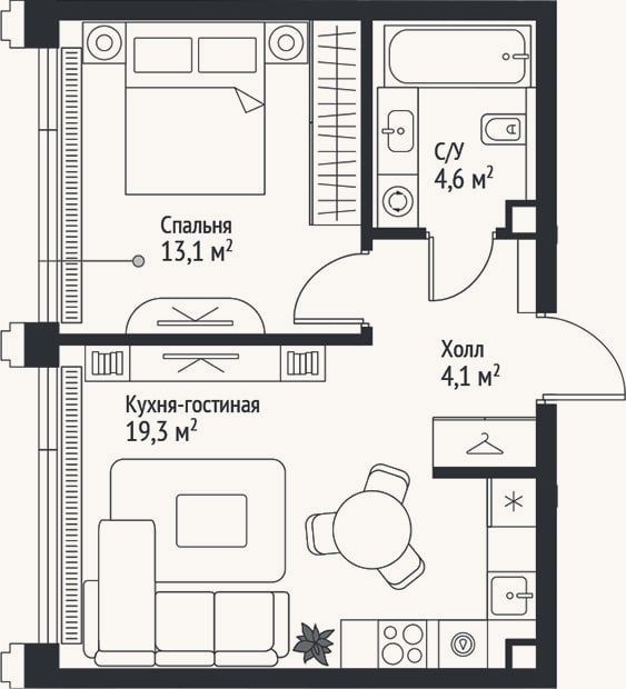 Планировка: 2-к, 41,1 м²