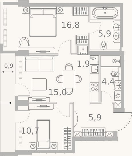 Планировка: 3-к, 62,6 м²