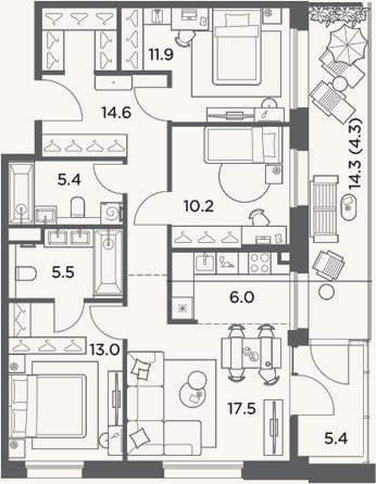 Планировка: 4+ к, 89,5 м²