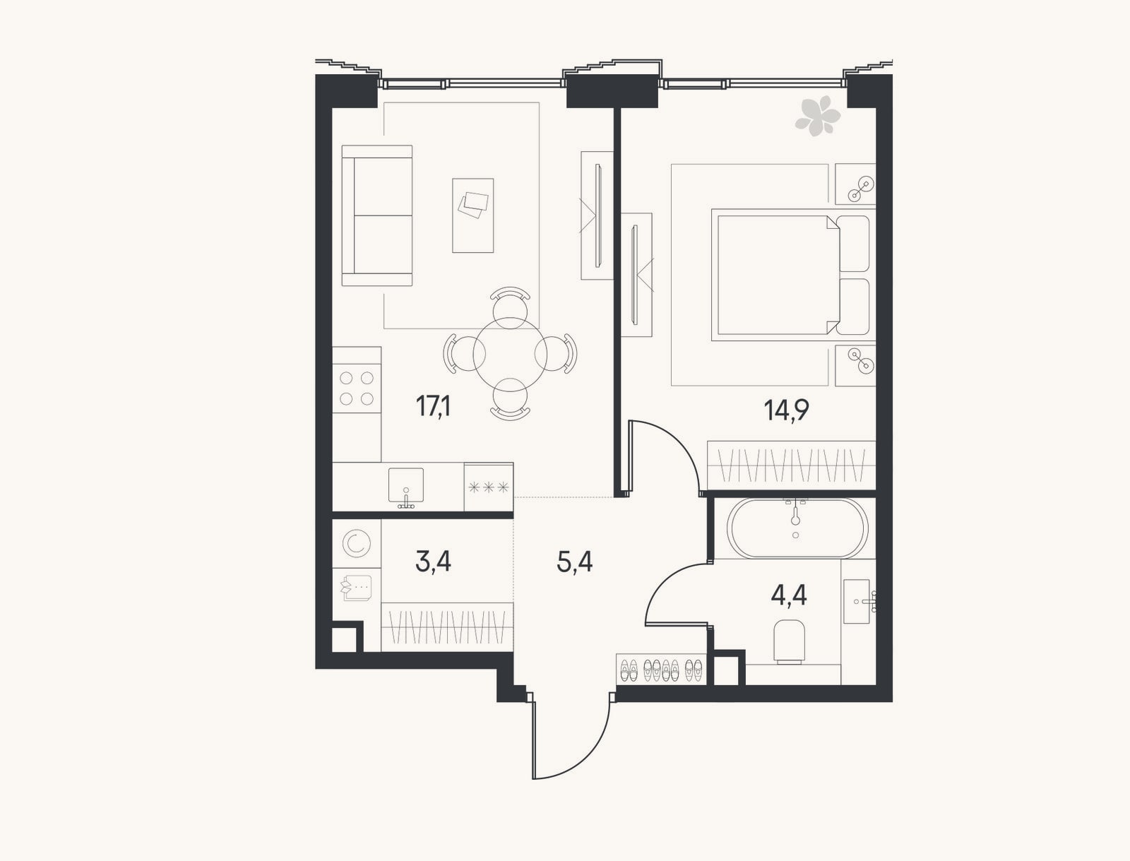 Планировка: 2-к, 45,2 м²