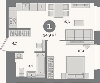 Планировка: 1-к, 34,9 м²