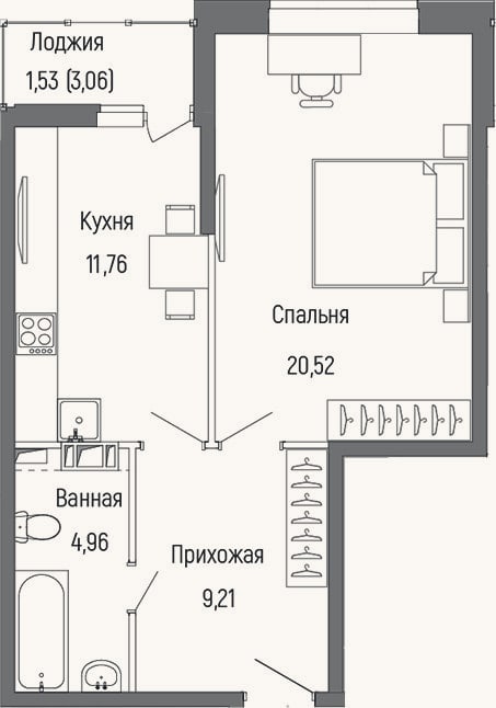 Планировка: 1-к, 46,5 м²