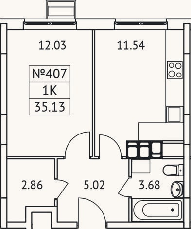 Планировка: 1-к, 35,1 м²