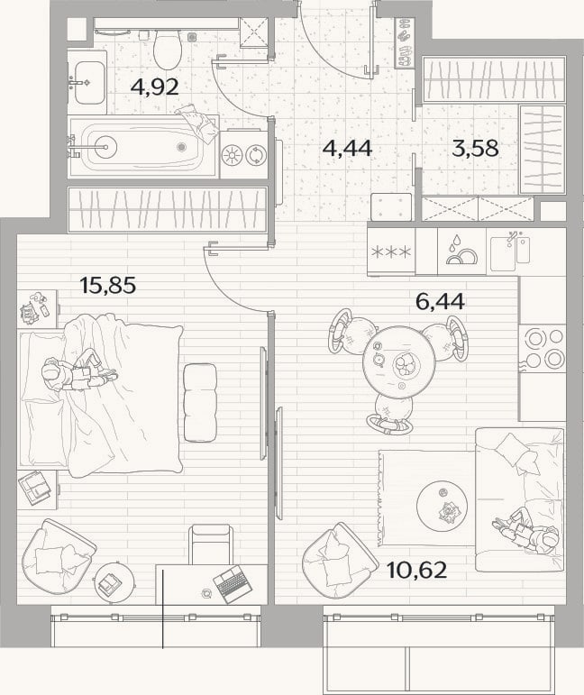 Планировка: 2-к, 45,9 м²