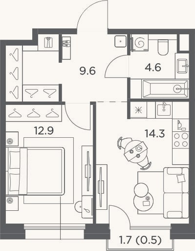 Планировка: 1-к, 41,4 м²
