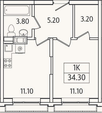 Планировка: 1-к, 34,3 м²