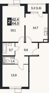 Планировка: 2-к, 62,4 м²