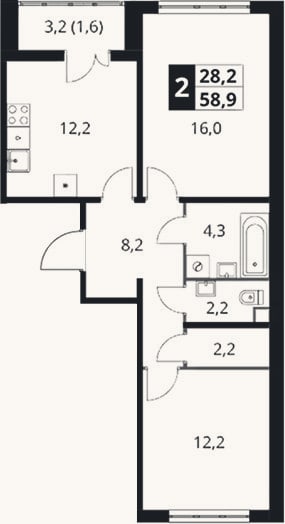 Планировка: 2-к, 57,3 м²