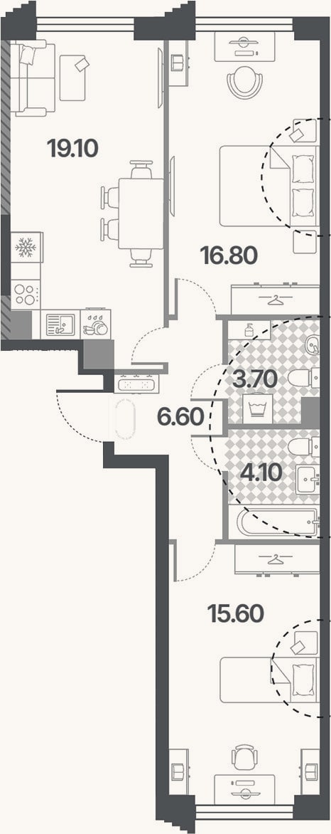 Планировка: 3-к, 65,9 м²