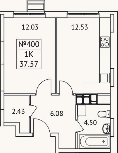 Планировка: 1-к, 37,6 м²