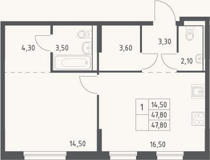 Планировка: 2-к, 47,8 м²