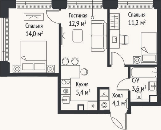 Планировка: 3-к, 51,3 м²