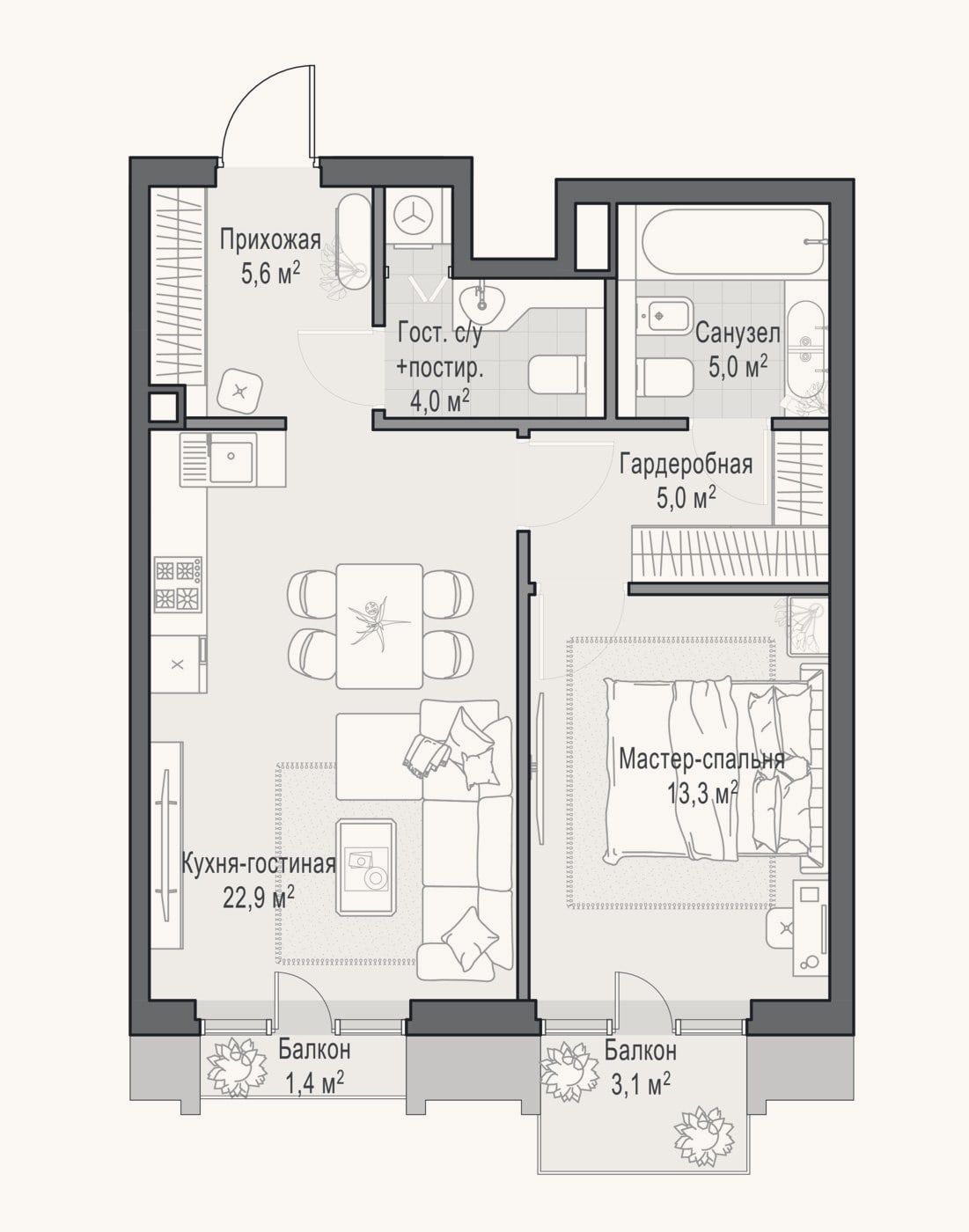 Планировка: 2-к, 55,8 м²