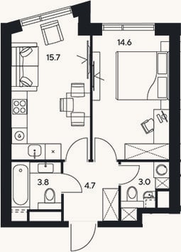 Планировка: 1-к, 41,8 м²