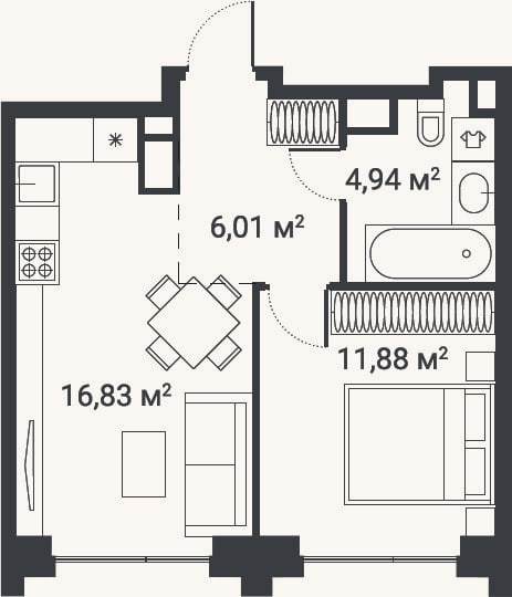 Планировка: 1-к, 39,7 м²