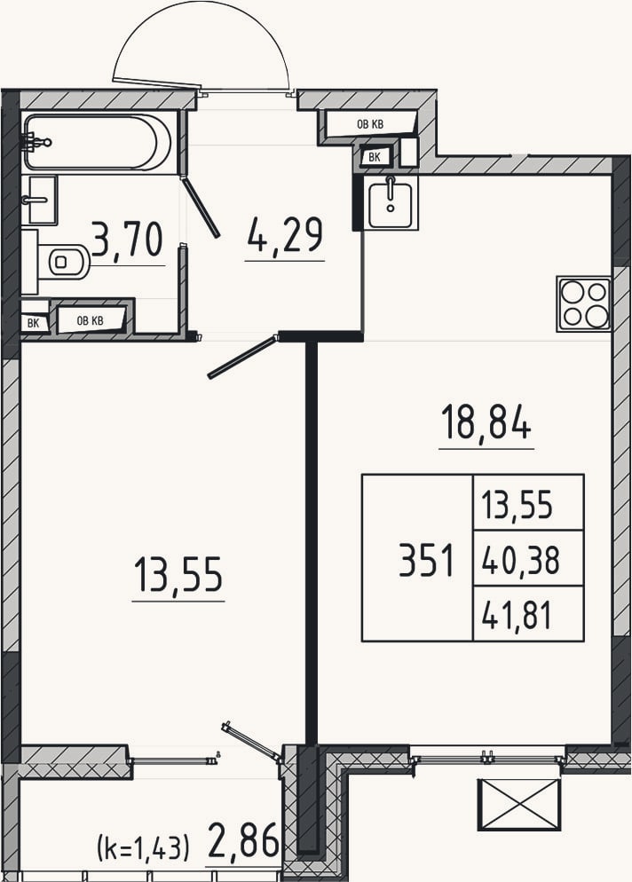 Планировка: 2-к, 40,4 м²