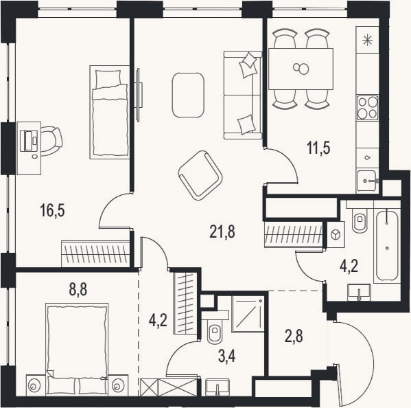 Планировка: 3-к, 73,2 м²