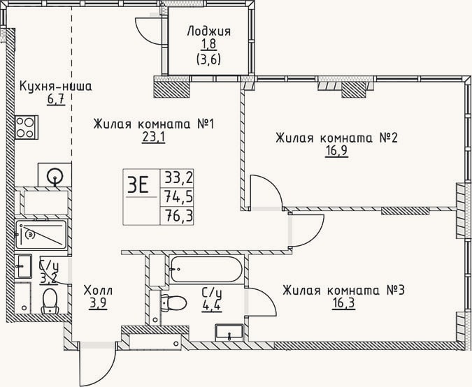Планировка: 3-к, 74,5 м²
