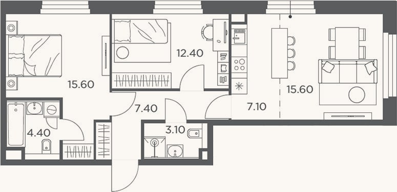 Планировка: 3-к, 65,6 м²