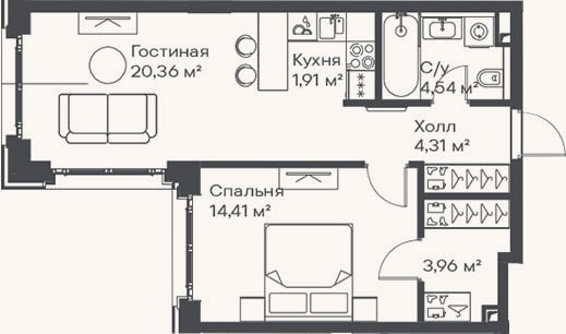Планировка: 2-к, 49,5 м²